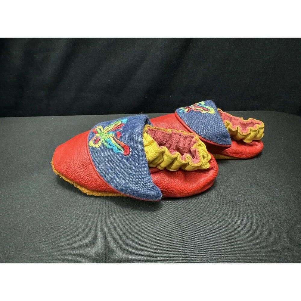 Mini-Mocs Infant Moccasin Shoes 12-18 Months Y2K Butterfly Leather Red + Denim